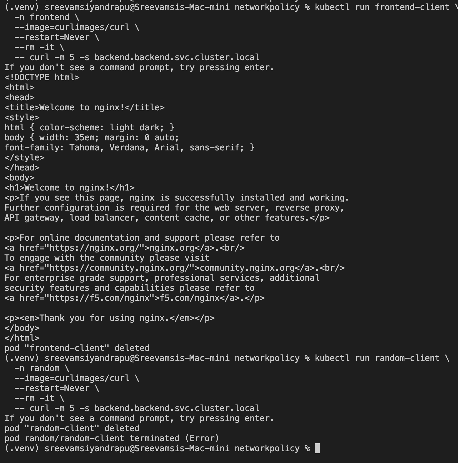 Frontend namespace allowed and random namespace blocked