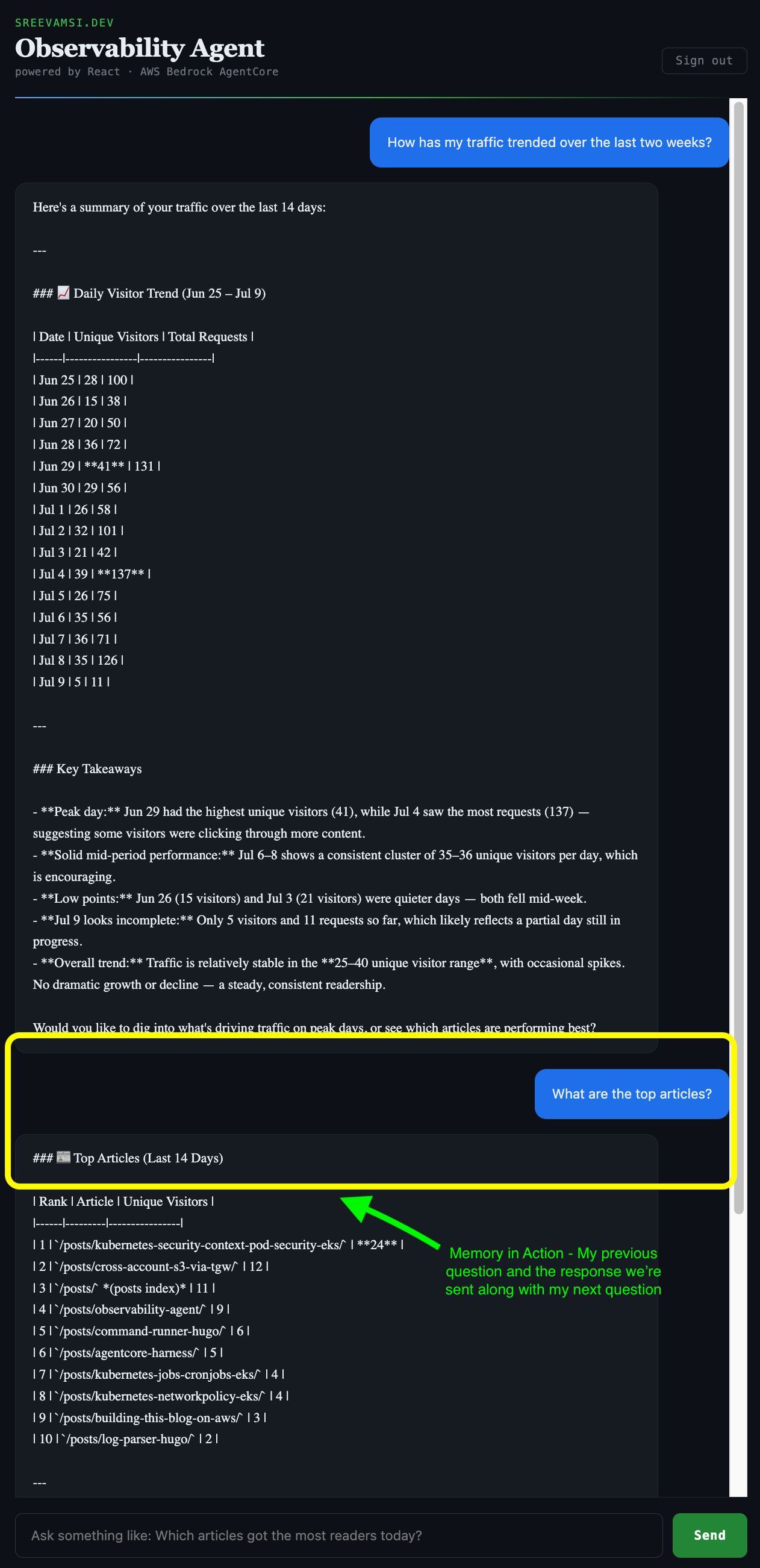 Screenshot of the deployed React chat interface answering a question