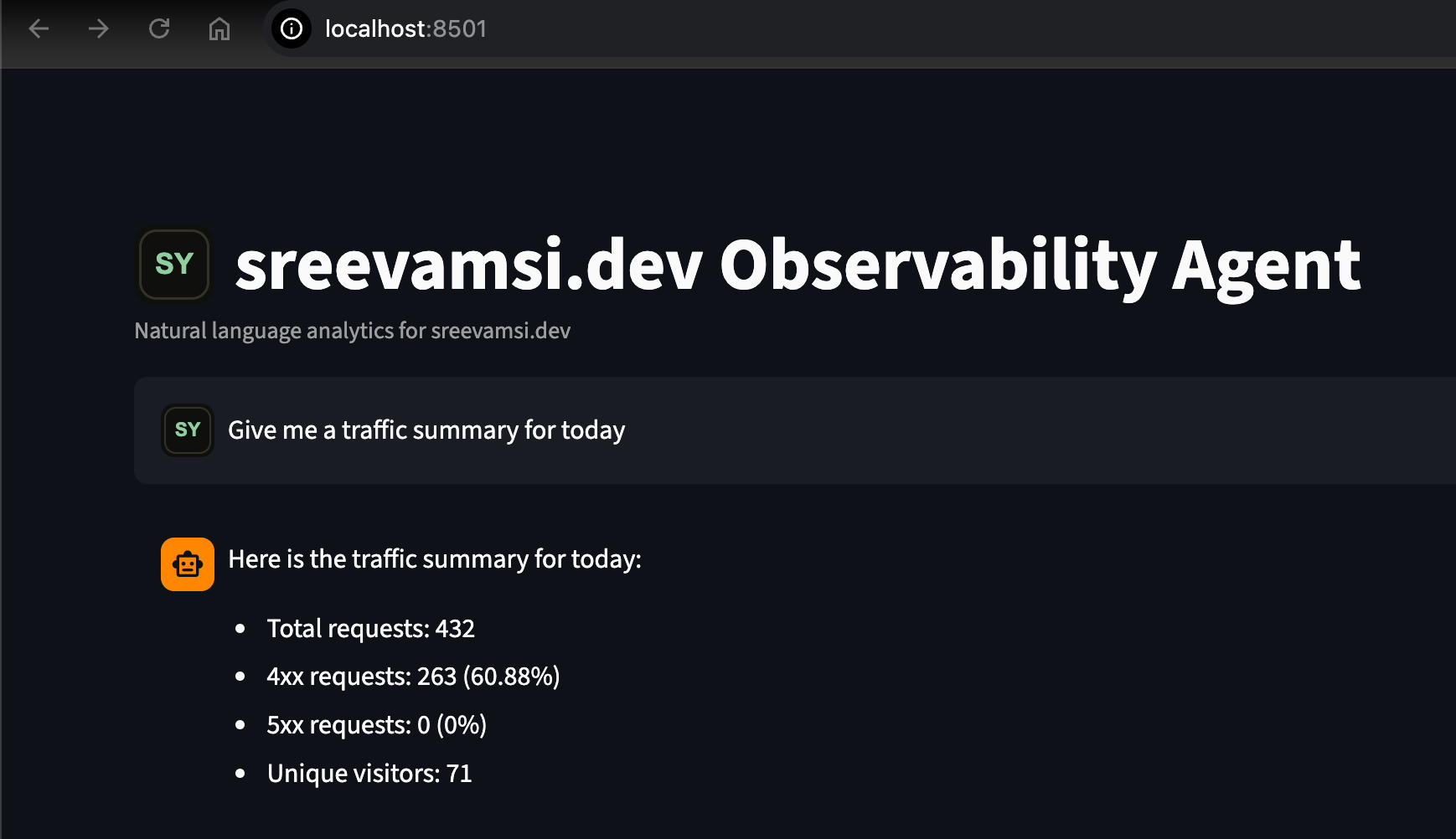 Traffic metrics summary